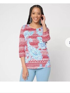 Belle Boho Slub Knit Printed 3/4-Sleeve Top Medium New